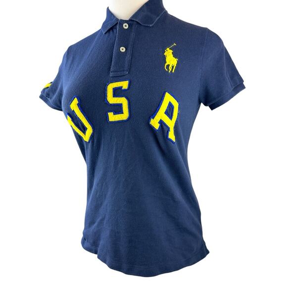 Ralph Lauren Big Pony USA Rugby Polo Shirt Slim Fitted SS Navy Blue Size Large - Picture 10 of 16